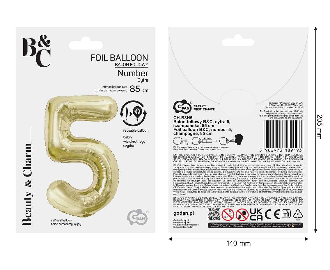 Foil balloon B&C, number 5, champagne, 85 cm